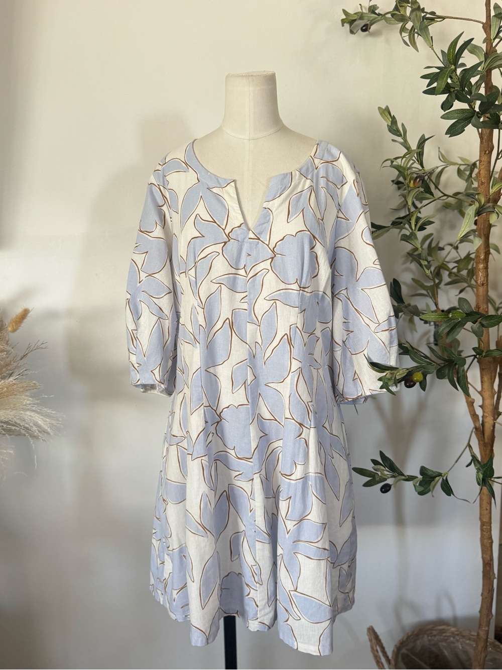 A New Day Floral Cotton Linen Blend Shift Dress Size 12 Blue White 3/4 Sleeve